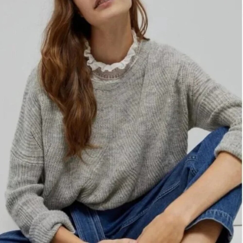 Anthropologie Grey Keely Cable-Knit Cotton Wool Blend Sweater